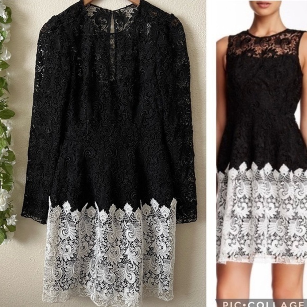 NEW ABS Allen Schwartz Black White Lace Long Sleeve Colorblock Mini Dress